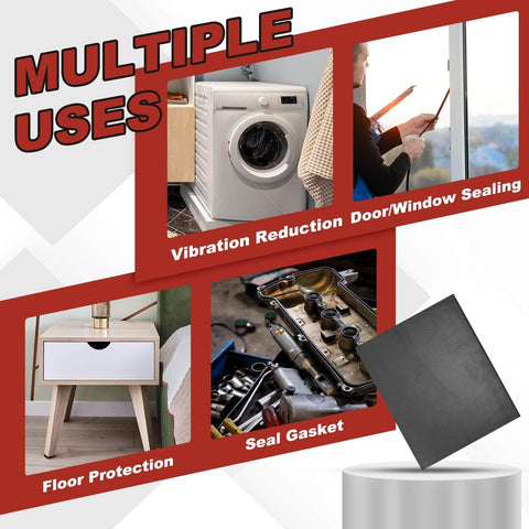 Graphic showing uses of Neoprene Rubber Sheet 12 Inch Wide Three Eighths Inch Thick 12 Inch Long for DIY gasket, sealing, and padding
