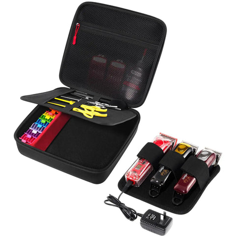 Hard Shell Barber Travel Case For Clippers And Grooming Gear, Adjustable DIY Dividers To Fit 3 To 4 Clipper Sets, open view with tools.