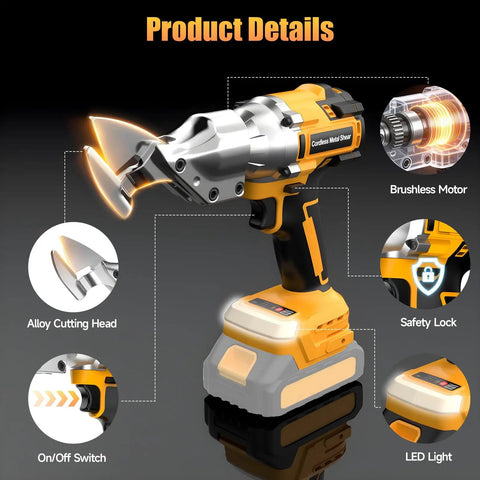 Cordless Metal Shear For Dewalt 20V Max Batteries with brushless motor, alloy cutting head, and LED light