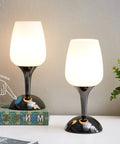 Set of 2 Space Saving Small Touch Bedside Table Lamps with white opal glass shades on a modern nightstand, 3 way dimmable