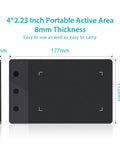 Top Tier Graphics Pad With Responsive Digital Stylus For Sketching Photo Editing OSU Gaming And Digital Art Buttery Smooth Pressure Sensitivity showing 4x2.23 inch active area dimensions.