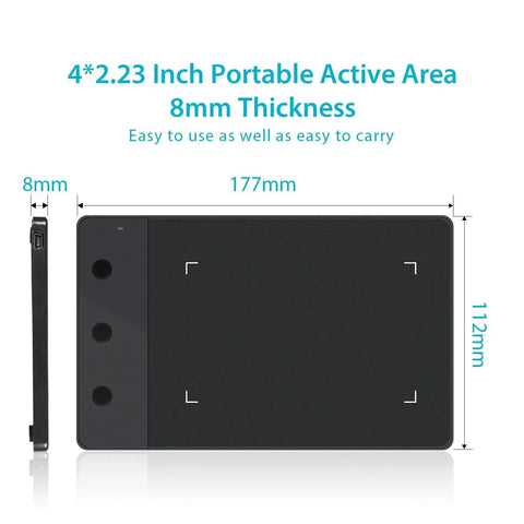 Top Tier Graphics Pad With Responsive Digital Stylus For Sketching Photo Editing OSU Gaming And Digital Art Buttery Smooth Pressure Sensitivity showing 4x2.23 inch active area dimensions.