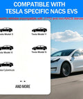 Top Tier Level Two EV Charger With NACS Connector And NEMA 14-50 Plug For Tesla And All Electric Vehicles, showing compatibility with Tesla models.