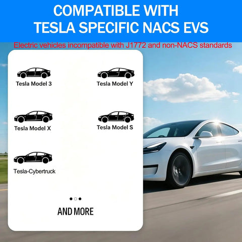 Top Tier Level Two EV Charger With NACS Connector And NEMA 14-50 Plug For Tesla And All Electric Vehicles, showing compatibility with Tesla models.