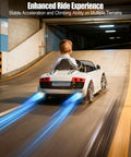 Child riding toy car indoors, demonstrating Beefed Up 24V RS775 High Speed Gearbox For Ride On Cars, enhanced acceleration.