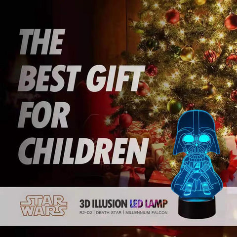 Totally Rad 3D Illusion Star Wars Night Light for Kids With 16 Color Change LEDs featuring Darth Vader by a Christmas tree