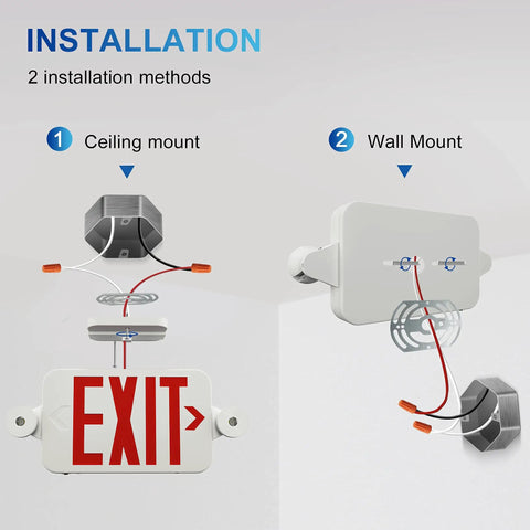 Diagram showing installation methods for Two Pack Exit Sign With Emergency Lights Color Changing Red And Green UL Certified Battery Backup