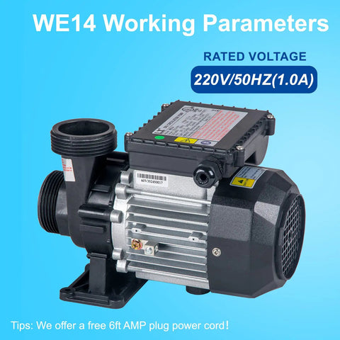 Top Shelf Zero Fuss Hot Tub Circulation Pump 240V 230V 0.35 Horsepower Spa Pool Motor close-up with 220V label and 1.5 inch plumbing fittings.