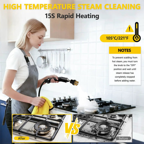 Portable Handheld Steam Cleaner With Six Adjustable Pressure Levels And Fifteen Utility Tips Blasts Out High Heat to remove kitchen grease.