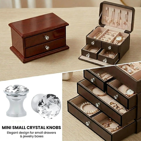 Super Sparkle 16-Pack Crystal Glass Cabinet Knobs With Shiny Aluminum Bases on jewelry boxes and mini drawers.