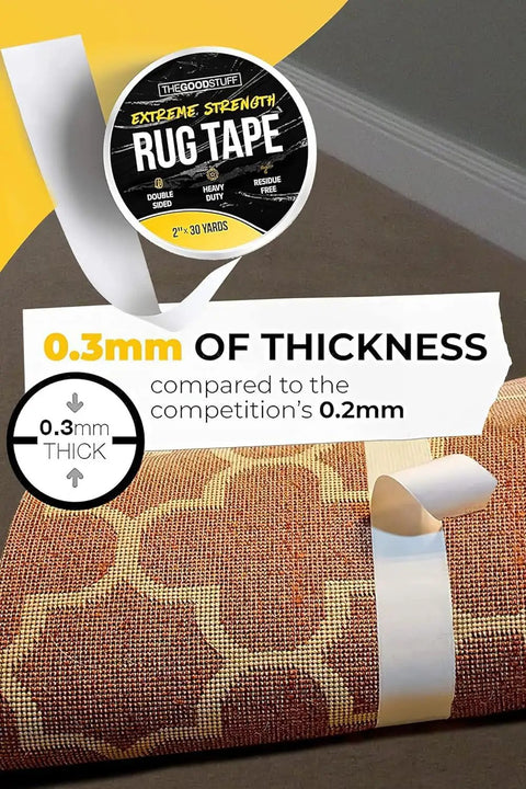 Double Sided Carpet Tape Heavy Duty Rug Gripper For Carpet Hardwood Floors Vinyl Tile And Concrete No Residue Easy Removal 2 By 10 Yards Strong Non Slip Grip For Area Rugs roll and thickness comparison with rug