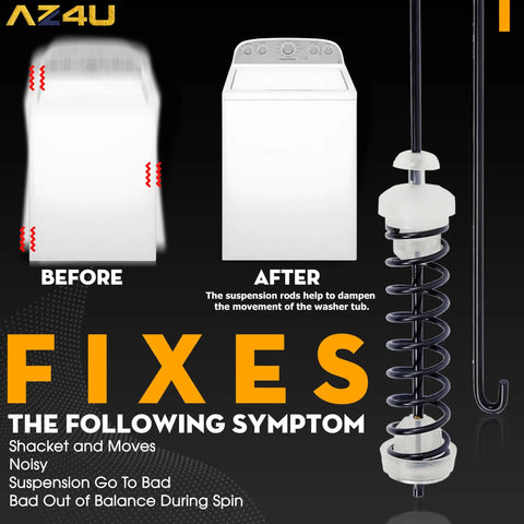Before and after comparison of a top loader washer using 4 Pack Washer Suspension Rod Kit Replacement For Top Loaders Compatible With Amana, Whirlpool, Maytag, Kenmore Washers, No Fuss Install, Durable Steel Construction.