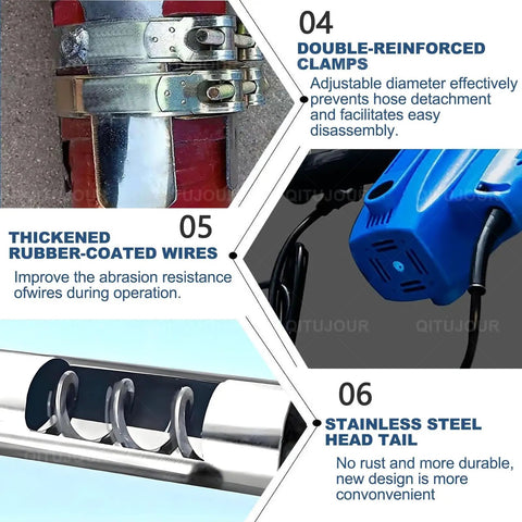 High Power 1500W Grain Suction Pump With 1.5m Hose, showing double-reinforced clamps and stainless steel head tail
