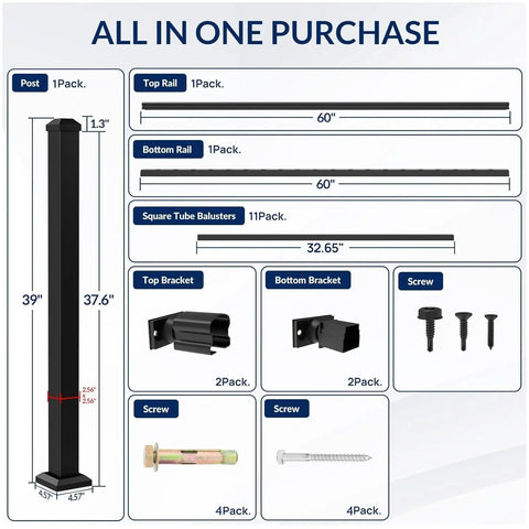 Aluminum Stair Railing Kit With One Post One Panel 36 Inch High 5 Foot Wide Black Textured Powder Coat Finish Outdoor Deck Porch Balcony Railing System Built To Last IBC IRC ASTM Compliant