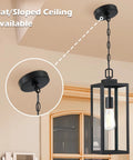 Outdoor Pendant Light Matte Black Adjustable Exterior Hanging Porch Lighting Waterproof Ceiling Mount Lamp With Clear Glass Shade For Front Porch And Entryway ETL Listed shown mounted on ceiling with flat/sloped option.