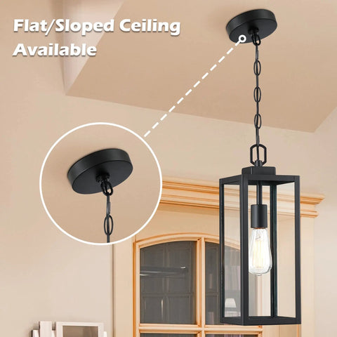Outdoor Pendant Light Matte Black Adjustable Exterior Hanging Porch Lighting Waterproof Ceiling Mount Lamp With Clear Glass Shade For Front Porch And Entryway ETL Listed shown mounted on ceiling with flat/sloped option.