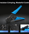 Self-Adjusting Crimping Tool For Square Four-Sided Crimps With Auto Jaw Alignment, blue handle on black background.