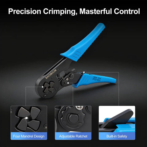 Self-Adjusting Crimping Tool For Square Four-Sided Crimps With Auto Jaw Alignment, blue handle on black background.