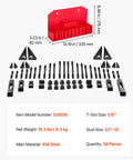 Bulletproof 58 Piece 5/8 Inch T Slot Clamping Kit With 1/2 By 13 Threads For Milling Machine And Drill Press Tables shown with parts in display.
