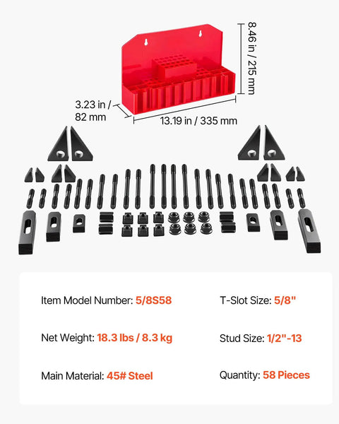 Bulletproof 58 Piece 5/8 Inch T Slot Clamping Kit With 1/2 By 13 Threads For Milling Machine And Drill Press Tables shown with parts in display.