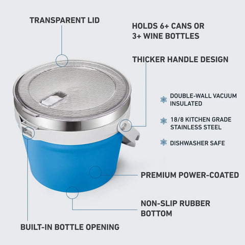 Rock Solid 7 Liter Insulated Ice Bucket With Handy Bottle Opener Double Wall Vacuum Stainless Steel Drink Cooler Holds Six Longnecks Or Three Wine Bottles For Backyard Bashes And Chill Gatherings Blue with transparent lid and thicker handle.