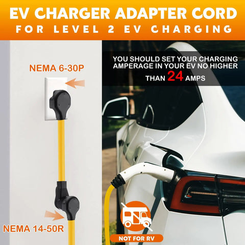 Hassle Free Nema 6-30P To 14-50R EV Charger Adapter Cord One Foot Extension connecting to EV for Level Two charging.