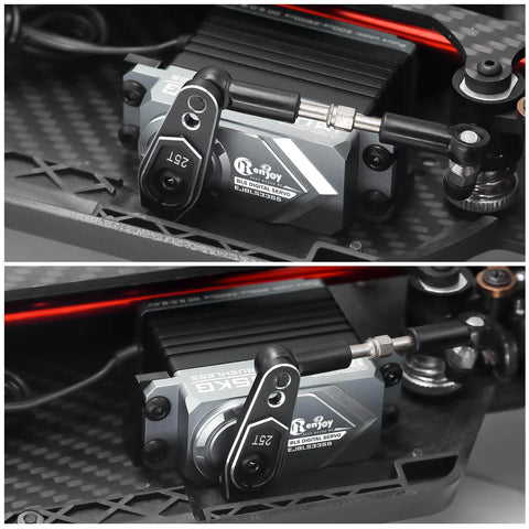 Close-up of 55KG Brushless Servo with full metal build and magnetic encoder for precise motion, installed in RC car chassis.