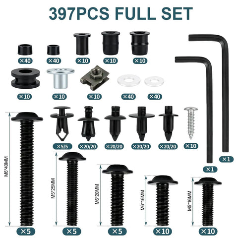 397Pcs Motorcycle Fairing Bolt Kit M4 M5 M6 Stainless Steel Fairing Bolts Windscreen Screws Rubber Well Nuts Fasteners Clips