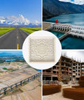 Collage of infrastructure with flower-patterned block, depicting roads, dam, bridge, and construction site.