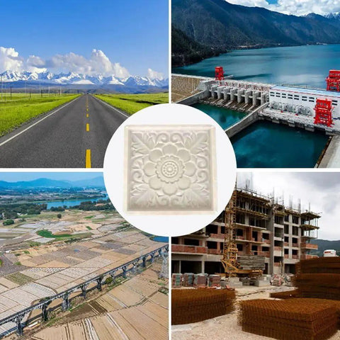 Collage of infrastructure with flower-patterned block, depicting roads, dam, bridge, and construction site.