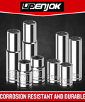 Built Tough Two Piece One Quarter Inch Drive Ten Millimeter Deep Socket Set Chrome Vanadium Steel Six Point High Torque Design And Slick Mirror Finish Real Deal Daily Grind Garage Workhorse displayed in a group.