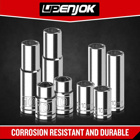 Built Tough Two Piece One Quarter Inch Drive Ten Millimeter Deep Socket Set Chrome Vanadium Steel Six Point High Torque Design And Slick Mirror Finish Real Deal Daily Grind Garage Workhorse displayed in a group.