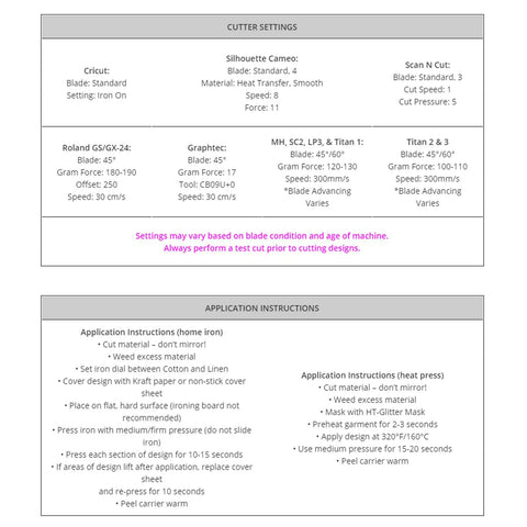Chart showing cutter and application settings for Glitter Animal Pattern Heat Transfer Vinyl Tiger Print 12x12 Inch Sheet.