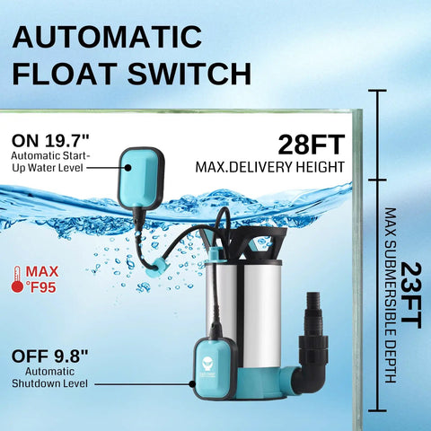 Beast High Flow Submersible Sump Pump With 33 Foot Cord 1.15HP featuring automatic float switch and stainless steel body