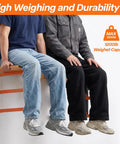 Beefy Two Pack Heavy Duty Lumber Storage Rack Wall Mount Shelves with men sitting to show durability and strength