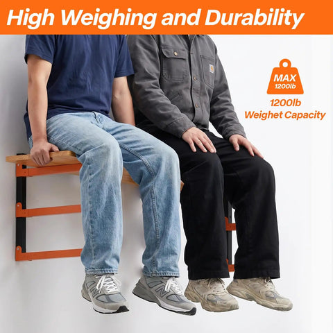 Beefy Two Pack Heavy Duty Lumber Storage Rack Wall Mount Shelves with men sitting to show durability and strength