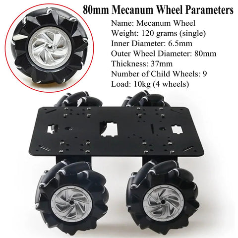 MC200 80mm Mecanum wheel robot chassis on black metal frame with four wheels