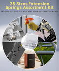 Extension springs assortment kit with stainless steel springs in a clear storage box; 25 sizes, 25 bags