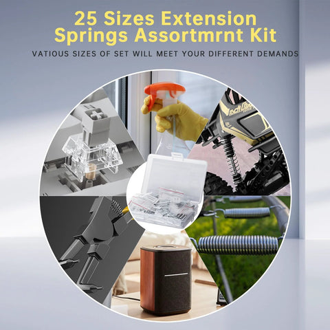 Extension springs assortment kit with stainless steel springs in a clear storage box; 25 sizes, 25 bags