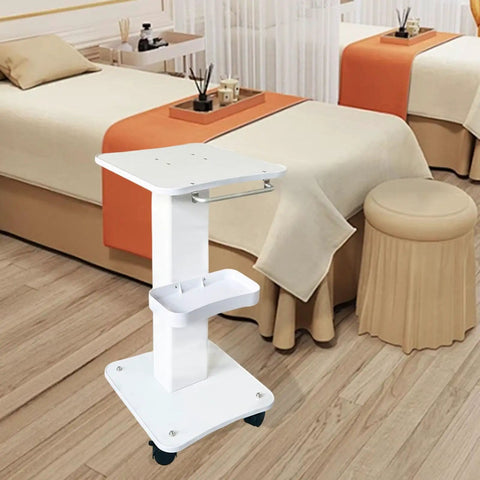 Premium Iron Wood Aluminum Salon Trolley With Smooth Rubber Wheels Built Tough Rolling Beauty Station Cart For Hair Stylist Tool Storage and Salon Floor Organization Game Changer in white with rolling wheels.