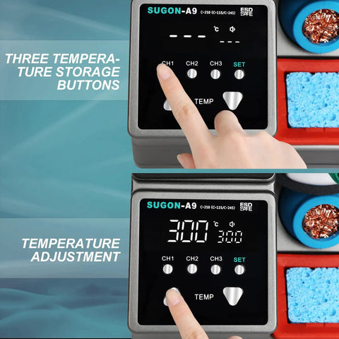 Digital Soldering Station With Rapid Heat Up, 120W 110V Universal Power, showing temperature controls and setting buttons.