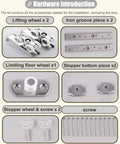 Heavy Duty Sliding Door Hardware Kit With 8-Wheel Brushed Gold Zinc Alloy Wheels, Ultra Smooth Glide, Max Load 270 Lbs, Durable Track System for Closet Cabinet And Garage Doors, Easy Install, Versatile Design components including lifting wheels, iron groove pieces, limiting floor wheel, stopper bottom pieces, stopper wheels with screws, and additional screws on display.