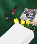 Dope Custom Printed Kraft Paper Bags With Logo For Small Business 150 Pack Medium 8x4.5x10.8 Inch Durable Brown Shopping Bags With Handles Four Color Printing For Branding showing white bag with flowers and photos.