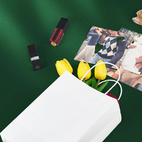 Dope Custom Printed Kraft Paper Bags With Logo For Small Business 150 Pack Medium 8x4.5x10.8 Inch Durable Brown Shopping Bags With Handles Four Color Printing For Branding showing white bag with flowers and photos.