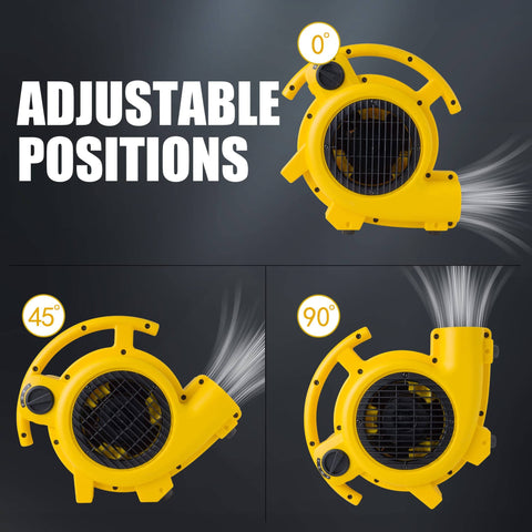 Professional 500 Max CFM Air Mover With 12 Ft Cord, 3 drying settings shown in adjustable 0, 45, and 90 degree positions