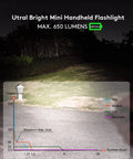 Super Bright Titanium Keychain Flashlight Six Hundred Fifty Lumens USB C Rechargeable EDC beam diagram at night