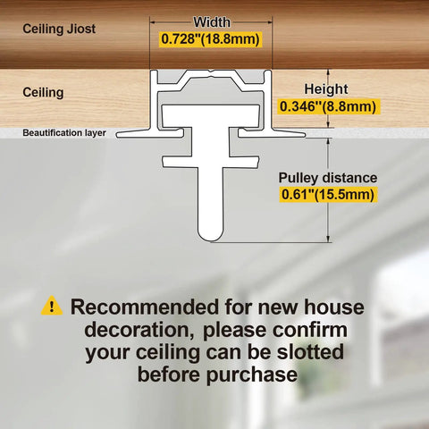 Hidden Ceiling Curtain Track System With Silent Rollers Custom Size White Ceiling Mounted Curtain Rod For Living Room Bedroom Shower Room Room Divider Use No Fuss Install Kit Included cross-section, 18.8mm width