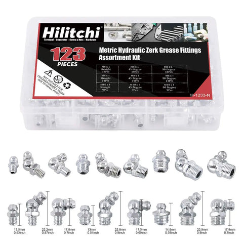 123 Piece Metric Hydraulic Zerk Grease Fittings Kit with 9 common sizes including M6, M8, M10 straight, 45, 90 degree in case