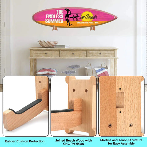 Premium Spliced Beech Wood Surfboard Wall Mount Rack Vertical Storage Shelf For Shortboards Longboards And Skimboards With Secure Grip Brackets And A Gnarly Shoreline Setup in stylish room.