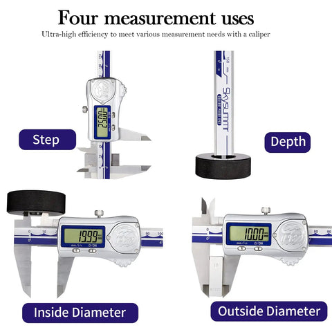 Image showing IP67 Waterproof Digital Vernier Caliper Stainless Steel Absolute Origin Measuring Tool 0-6 Inch 150mm with large LCD screen demonstrating step, depth, inside diameter, and outside diameter measurements.